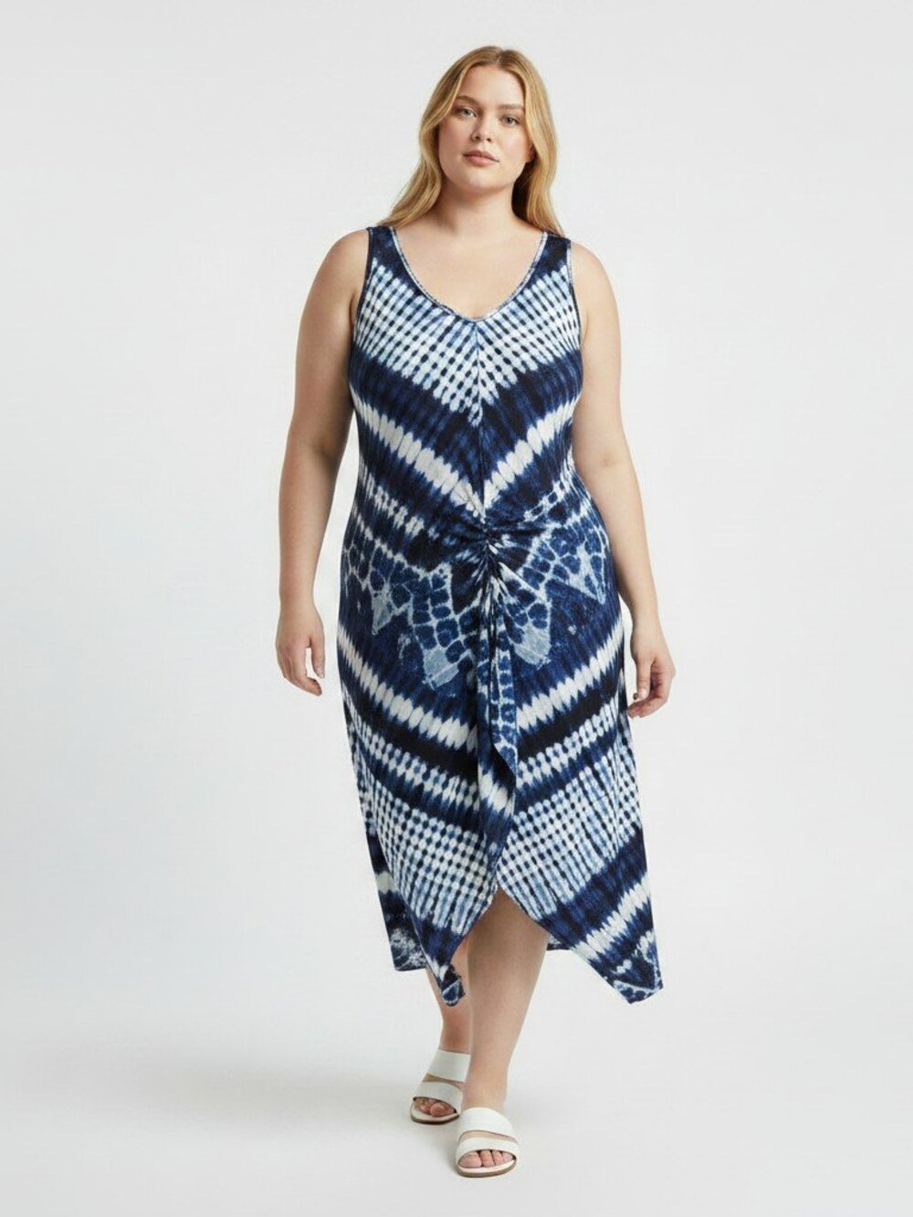 Catherines 2X 22/24W Blue Abstract Tie-Dye/Ikat Sleeveless Handkerchief Hem Dres - Picture 1 of 8